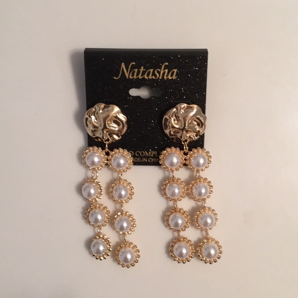 Natasha Gold Hammered & pearls double row Dangling - Picture 1 of 2